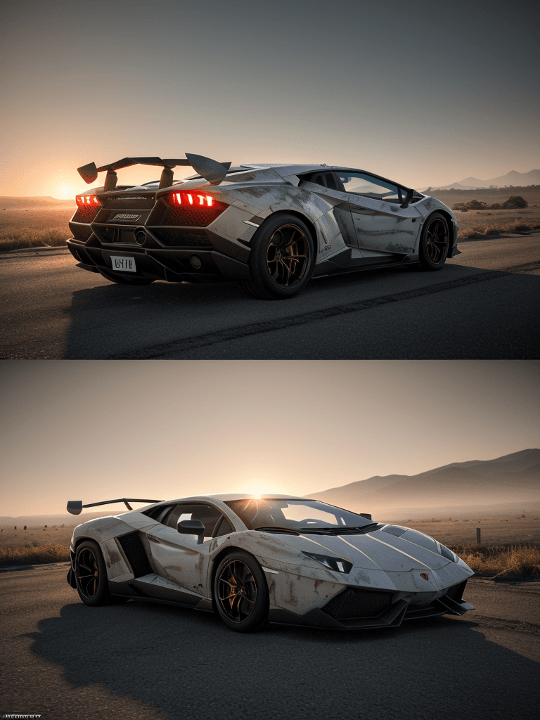 AI generated: Photo of a ultra realistic Lamborghini, dramatic light, pale sunrise, cinematic lighting, battered, ...