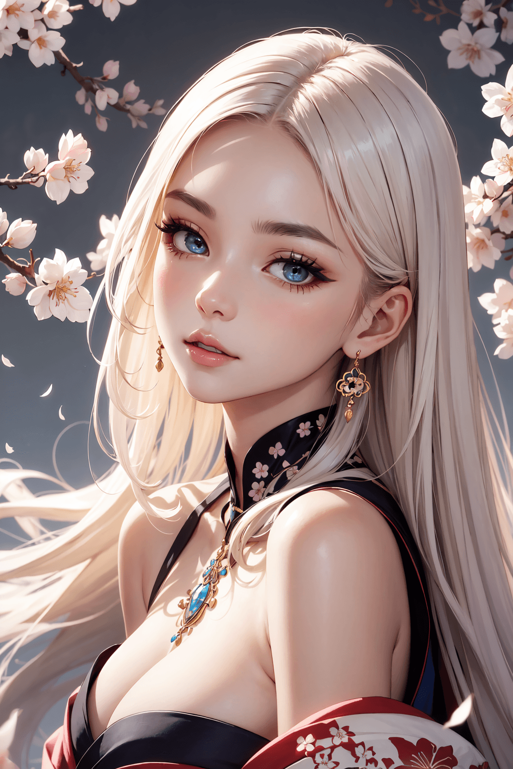 AI generated: Beautiful Japanese woman, porcelain skin, flawless and radiant, ethereal beauty, monolid eyes dark a...