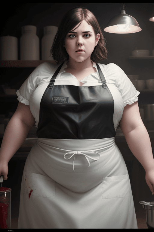 AI generated: RAW photo, low key, cinematic composition, fat  female butcher, woman, rim light, blood (white latex...