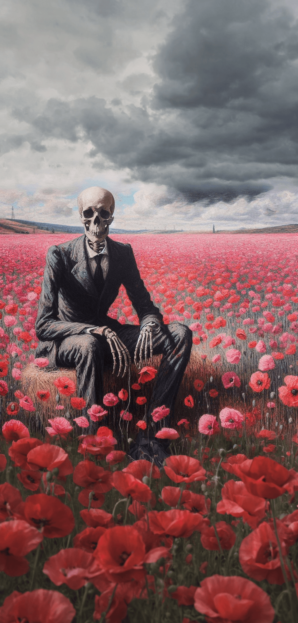 AI generated: a painting of a skeleton sitting in a field of red poppies. The skeleton is wearing a suit and tie a...
