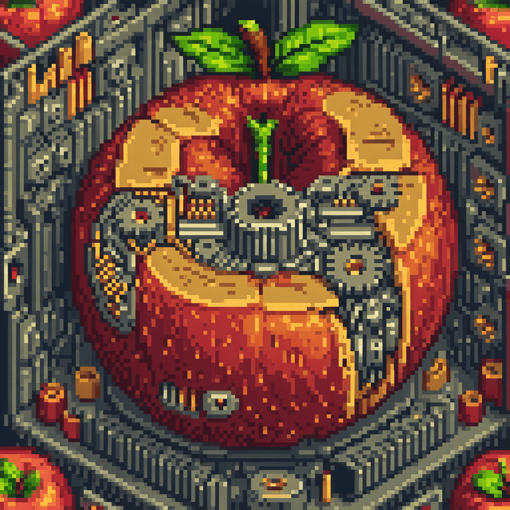 AI generated: 16 bit pixel art, Isometric clean pixel art image cutaway of mechanical inside of apple, hdr, SAI Pi...