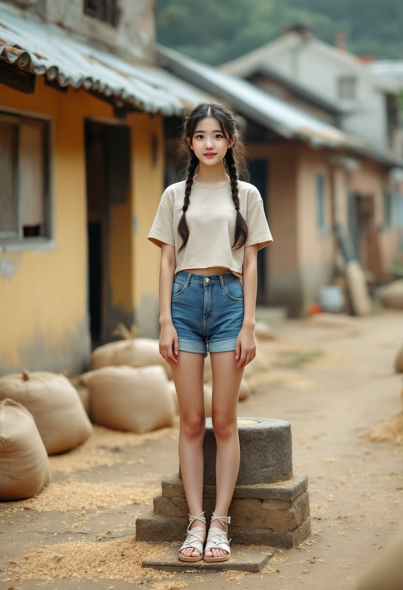 AI generated: /imagine prompt: A young East Asian girl with twin braids, wearing a beige cropped top and blue deni...