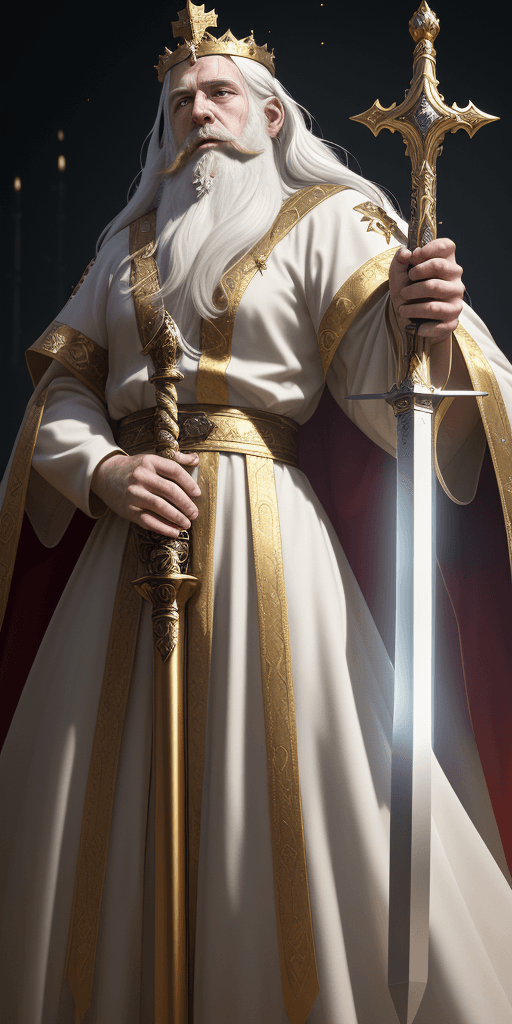AI generated: God as a personal being who possesses supreme, shining gold crown, long white hair, long beard, with...