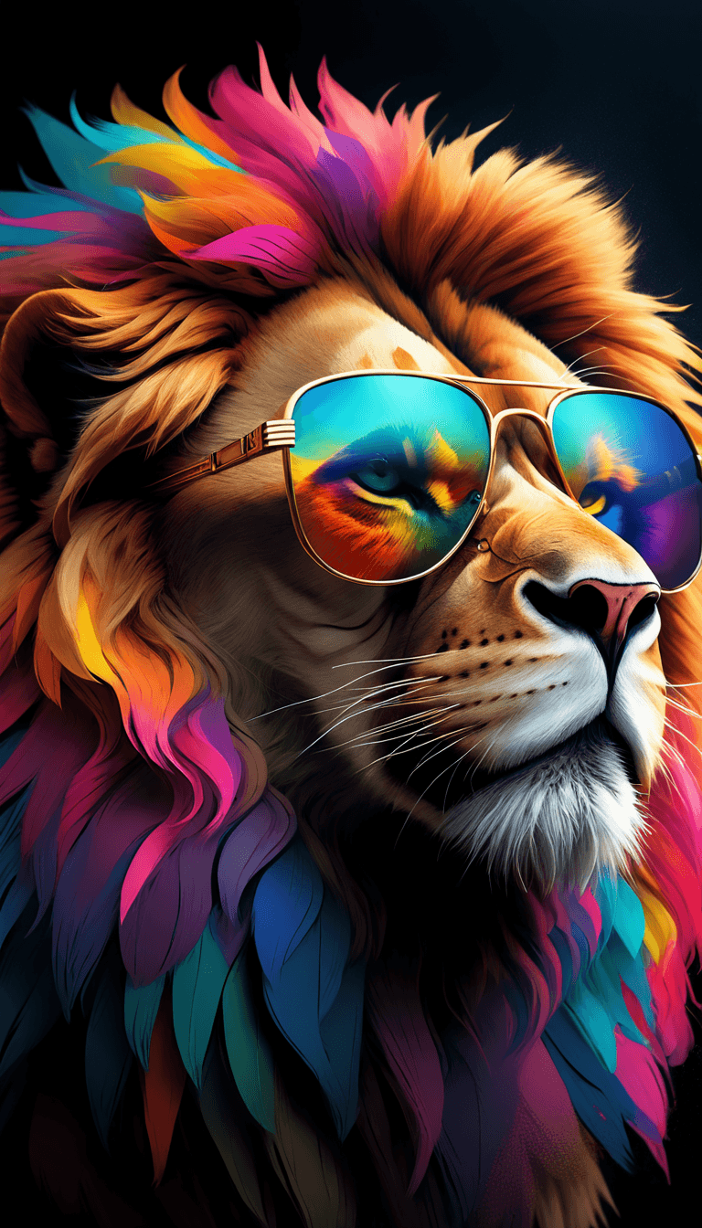 AI generated: The image features a lion wearing a pair of colorful sunglasses. The lion's face is prominently disp...