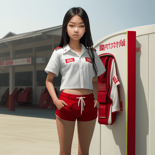 AI generated: beautiful asian 16 year old girl as a life gaurd, in sun, baggy white shirt, red shorts, full body, ...