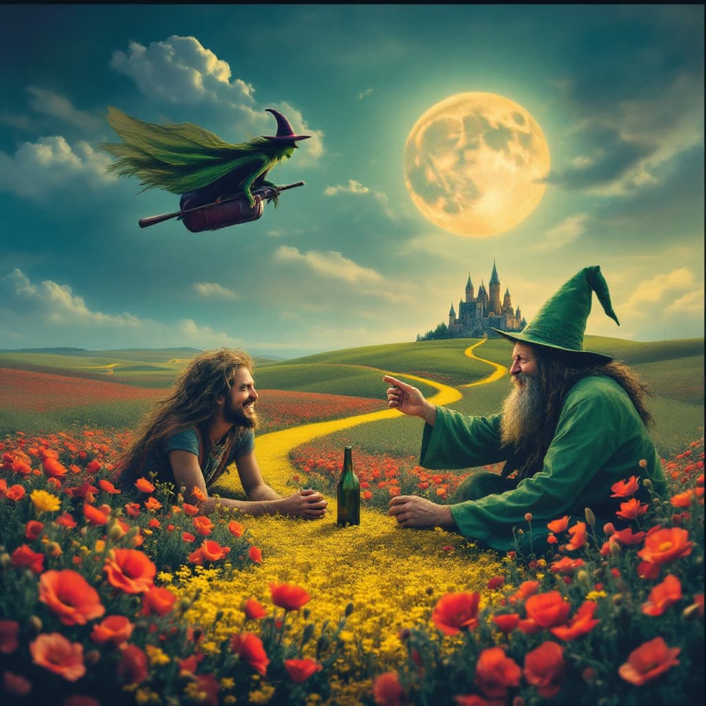 AI generated: a totally wasted  hippie with a dopey grin partly closed eyes is  in a field of poppies laying prone...