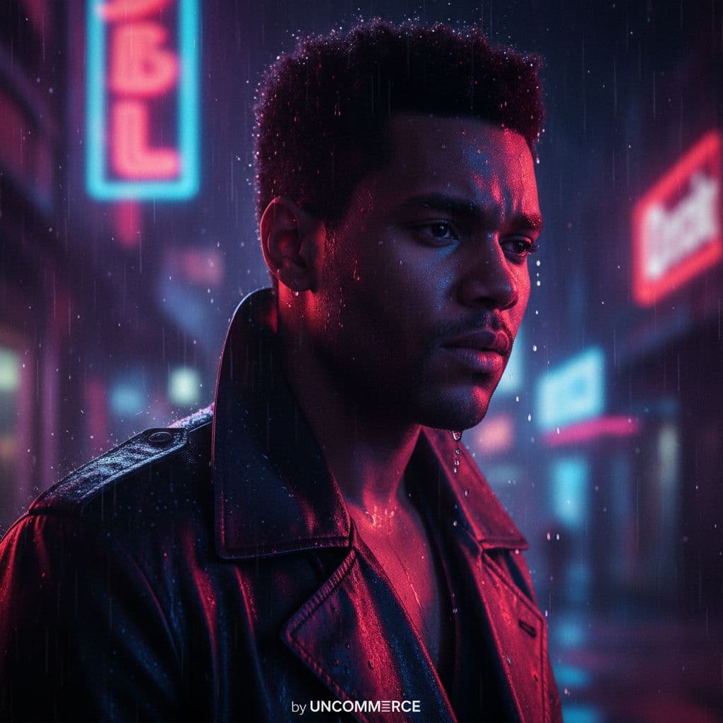 AI generated: A cinematic, photorealistic close-up portrait of a man in the rain at night, neon lights reflecting ...