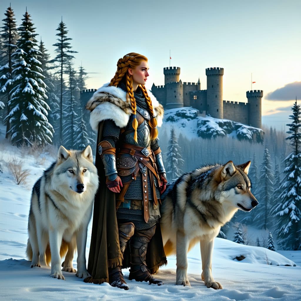 AI generated: A Viking warrior woman with long golden braids, dressed in intricately detailed fur and leather armo...
