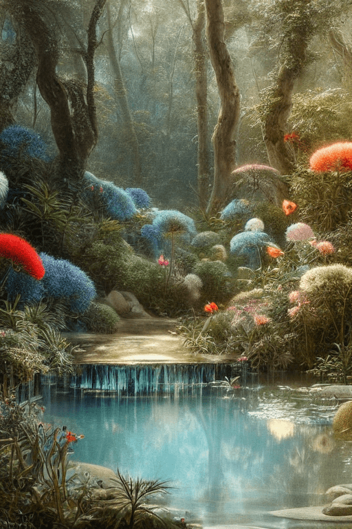 AI generated: Forest flower crystals::4 emitting glitter garden landscape with pool of clear water and „black gold...