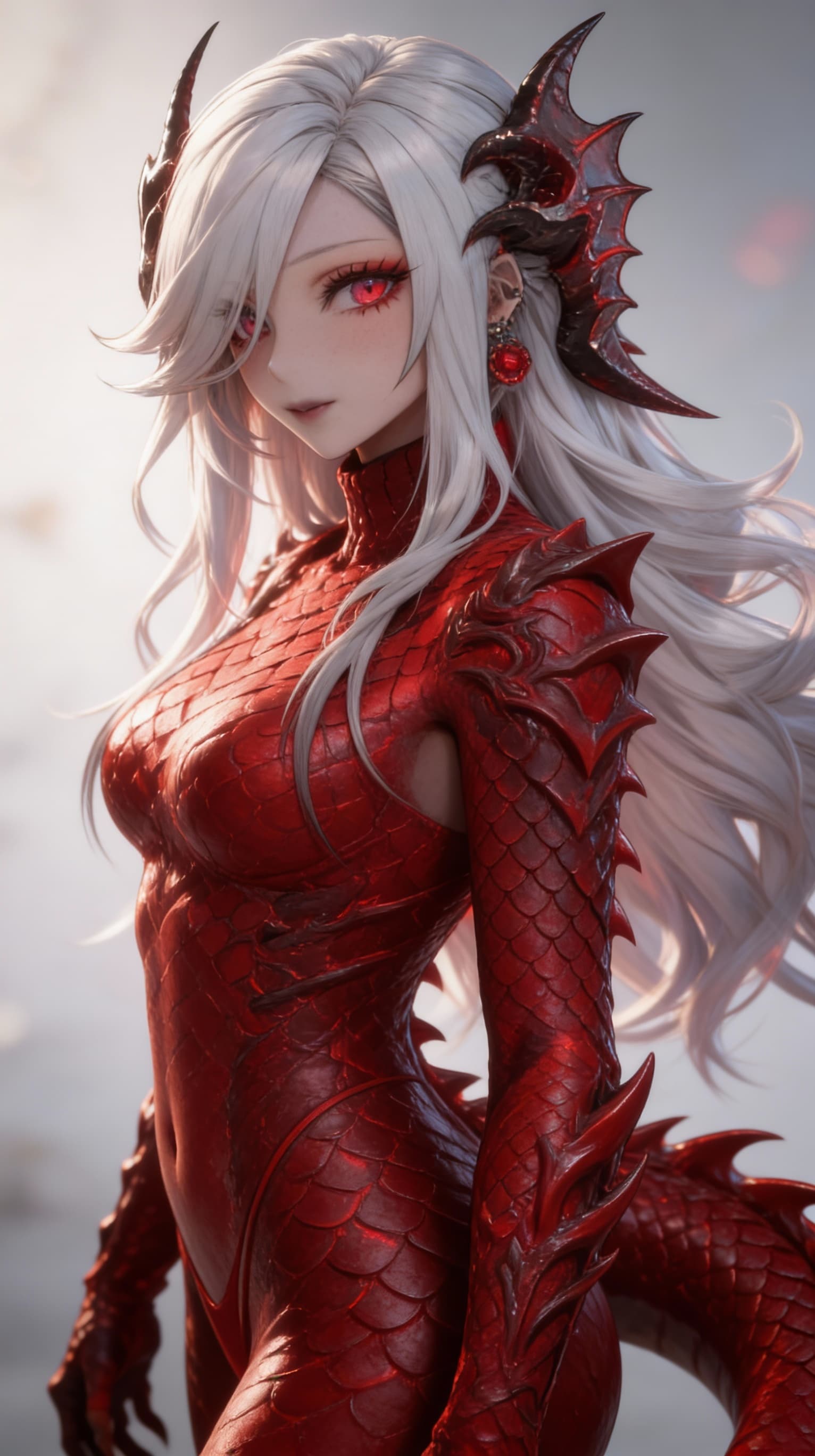 AI generated: Use Reference Images to imagine, in detail, a Red-Dragon Girl with Red Eyes. Unreal Engine 5 Ultra-r...