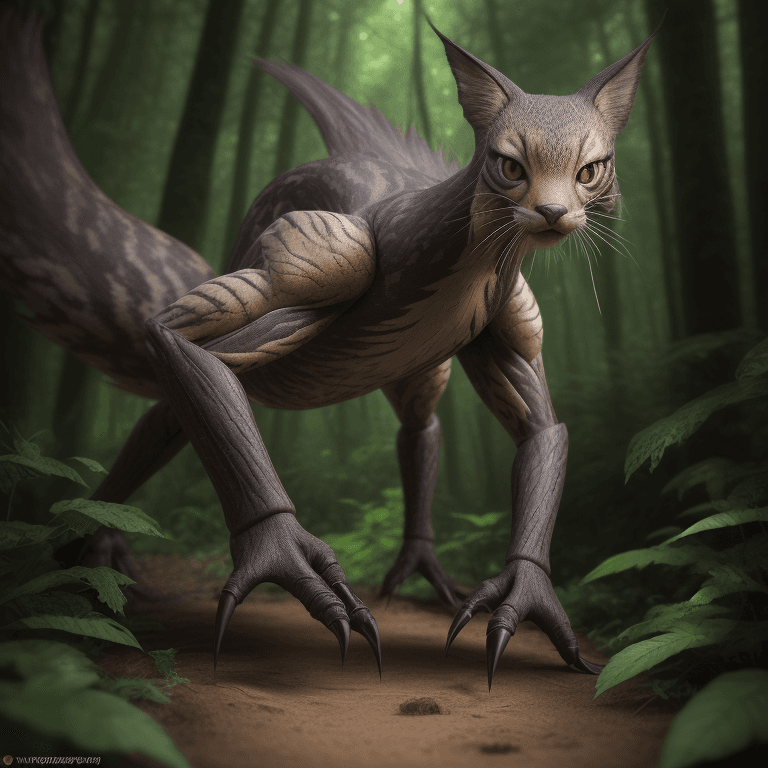 AI generated: ynx stalking its prey, front view, front facing, stealthy, forest background, dof, award winning wil...