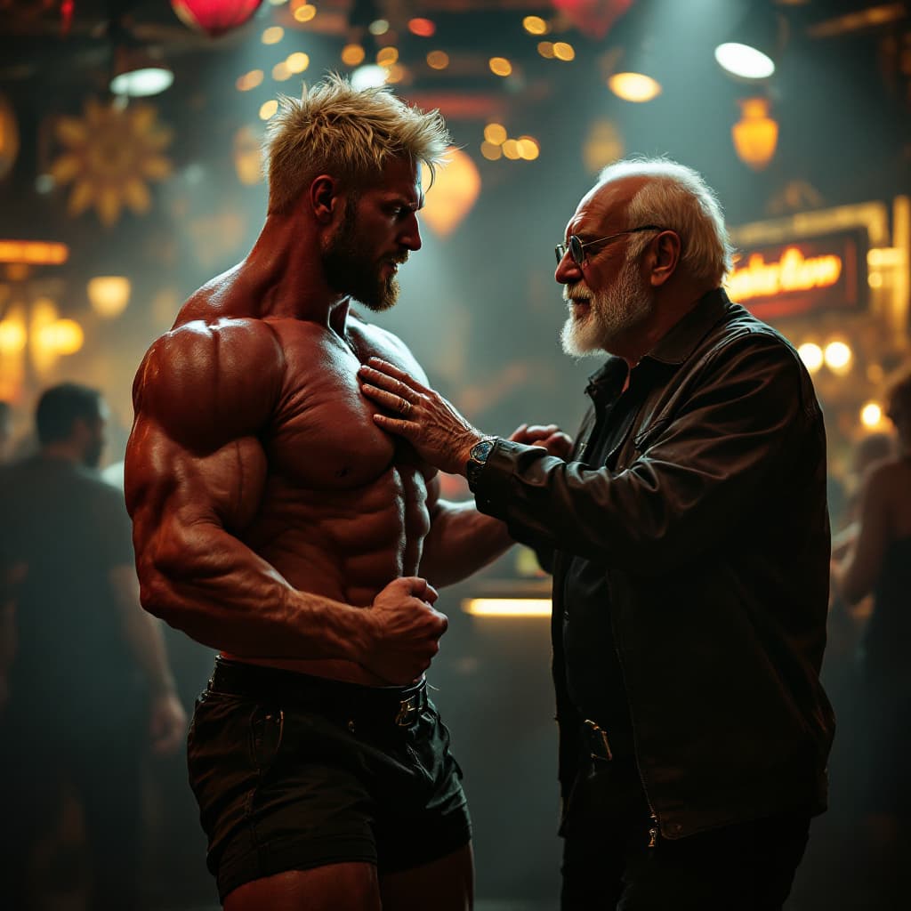 AI generated: high-resolution photo two men dancining in night club, first man extremely muscular man, platinum bl...