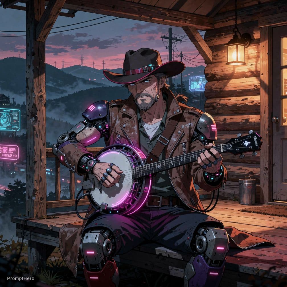 AI generated: a grizzled old cowboy playing the banjo sitting on the porch of a log cabin in the Appalachian mount...