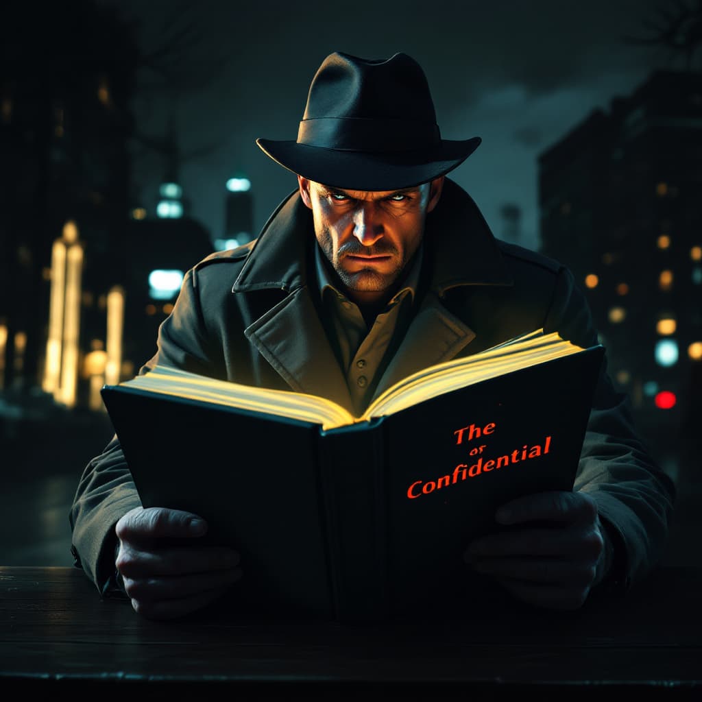 AI generated: Male detective in a trench coat, set against a noir city backdrop at night, in the style of Edward H...