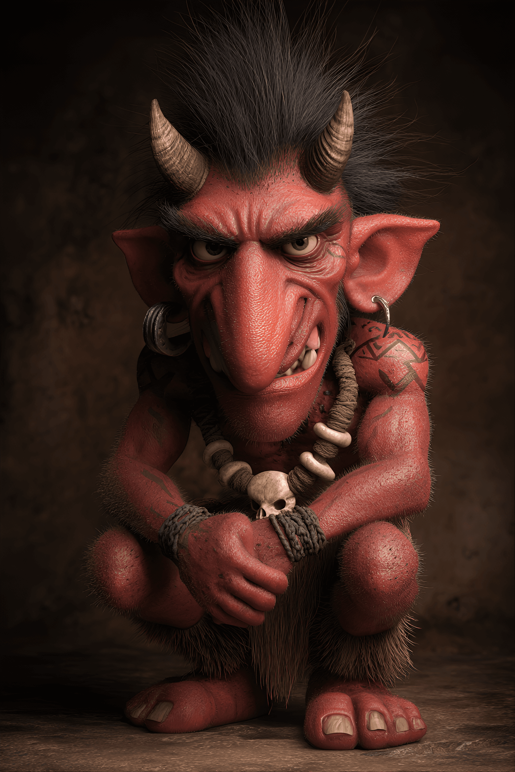 AI generated: funny caricature, tribal demon caricature, fictional red demon, ageless, red skin, horned, feral eye...