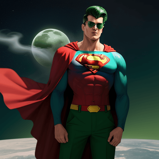 AI generated: WE ARE SEEING A  a superman type character in green shorts, green sunglasses and pompadour hairdo wi...