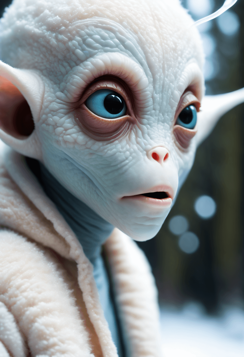AI generated: An image of an alien, a small, white, and furry creature with a big head and large eyes. It is weari...