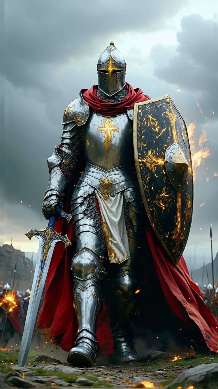 AI generated: An ultra-realistic, wide angle, front facing, full-body portrait of a noble Paladin in gleaming silv...