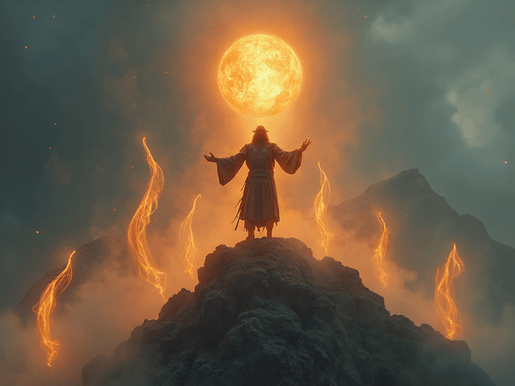 AI generated: A hyper-realistic, cinematic image of a lone druid standing atop a rugged mountain peak, dressed in ...