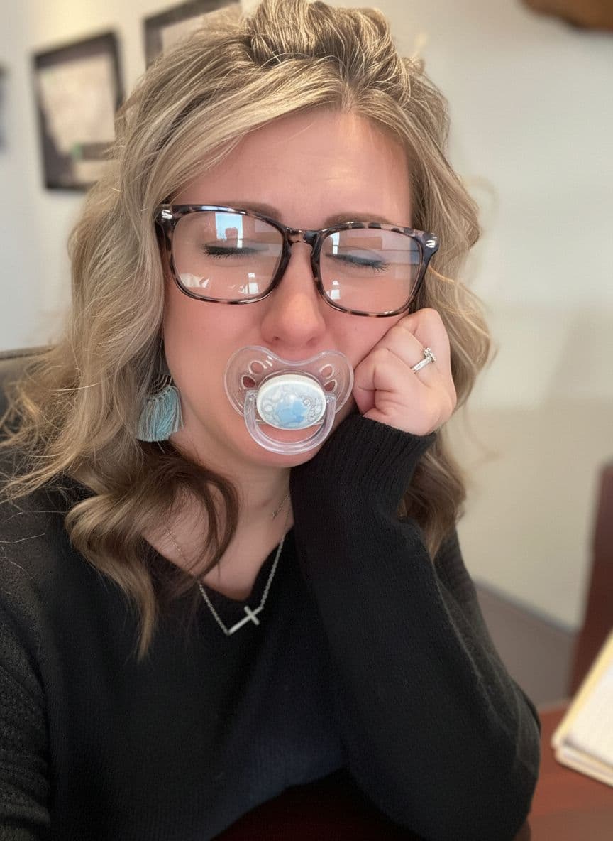 AI generated: She has a pacifier in her mouth. She’s crying and upset because she doesn’t like it