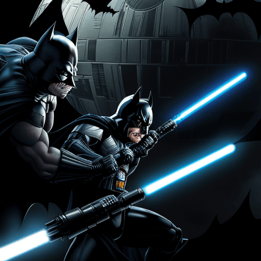 AI generated: Batman fights Darth Vader in a lightsaber duel on the Death Star