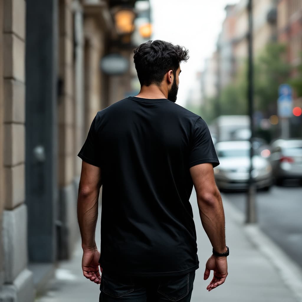 AI generated: create a picture of a latin man walking tail away on the sidewalk dressed with a black t-shirt