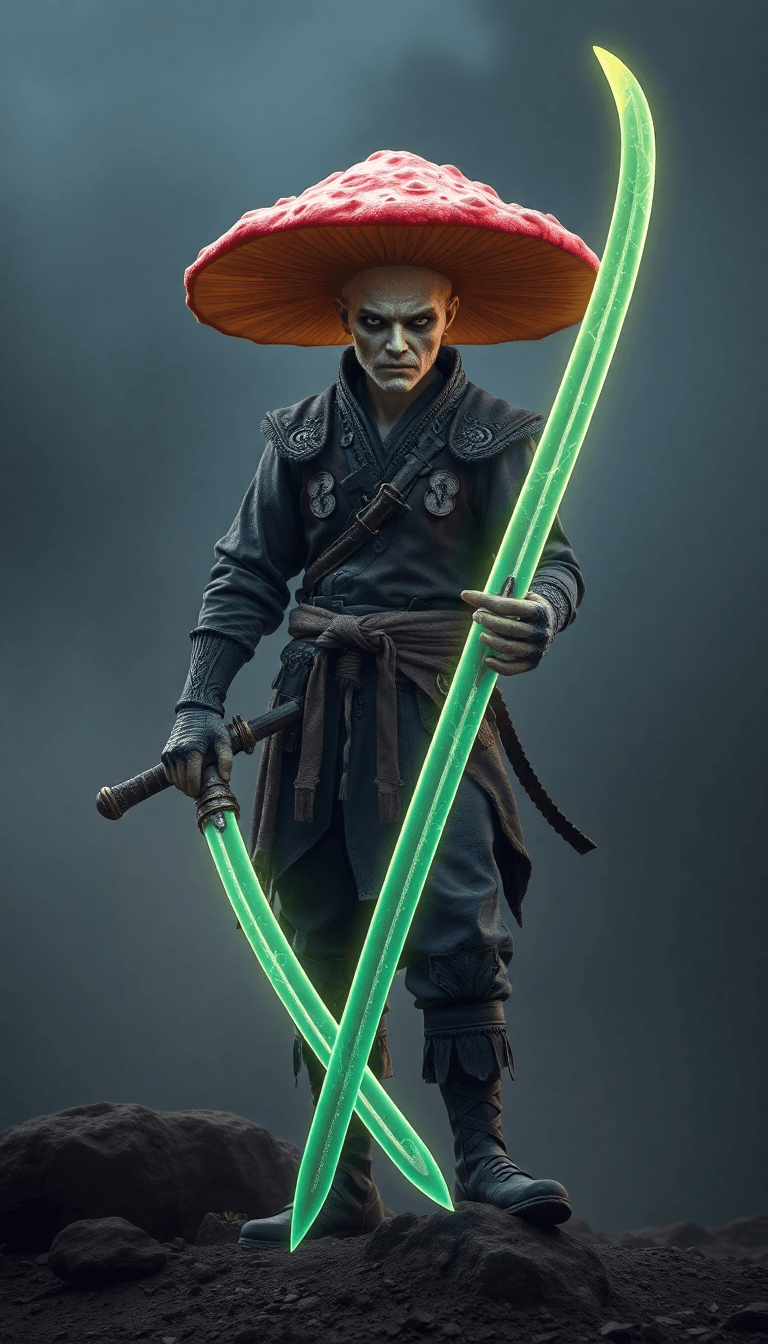 AI generated: a full body photo shot of a beautiful and breathtaking image of a ((mushroom)) warrior wearing a ful...