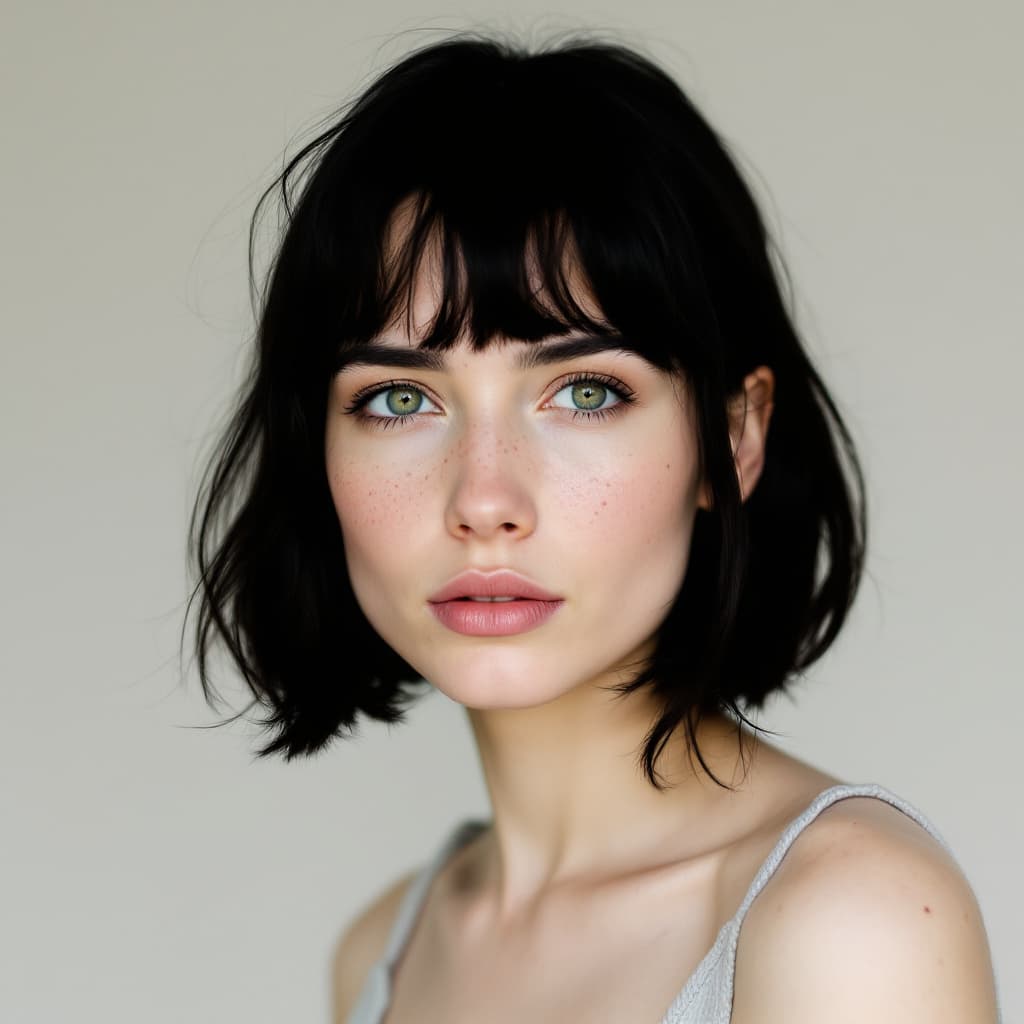 AI generated: portrait of a woman with green eyes, light freckles, and dark hair styled in a short bob. She has a ...