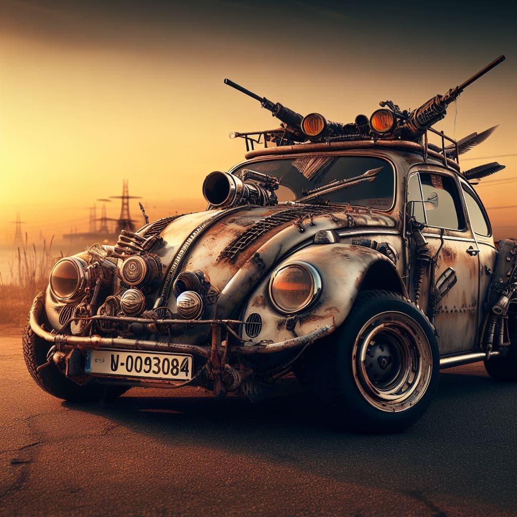 AI generated: VW Beetle, in mad max style on wasteland