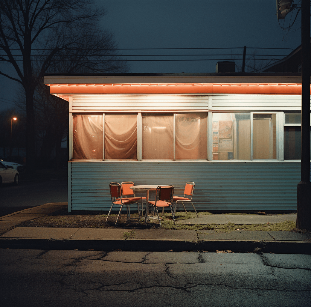 AI generated: A small building with lights on inside at night in the suburbs. A window is open and you can see cha...