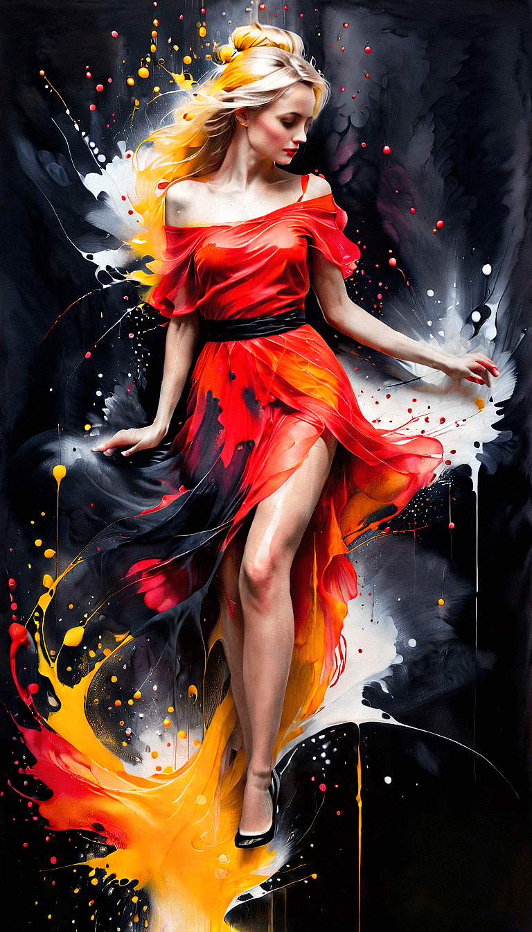 AI generated: An painting of beautiful woman in red dress with abstract painting splash, dark background. Artist:{...