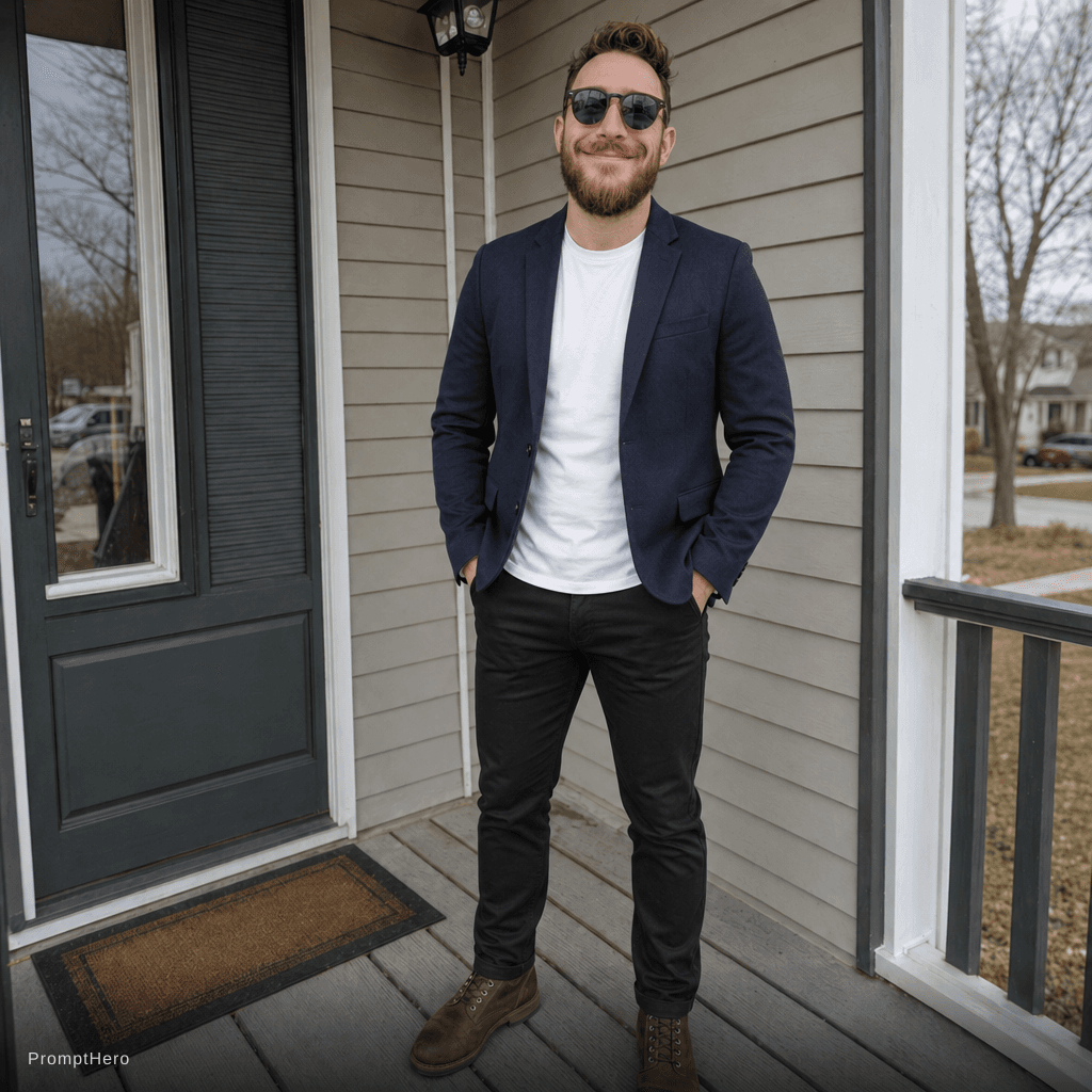 AI generated: a tailored blazer,  black chinos, and a clean white t-shirt