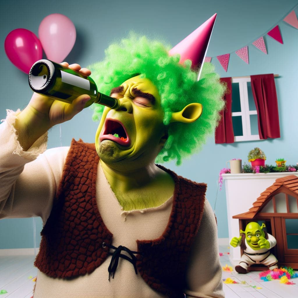 AI generated: Shrek in party wig, shaking his head in his house and wine bottle overturned