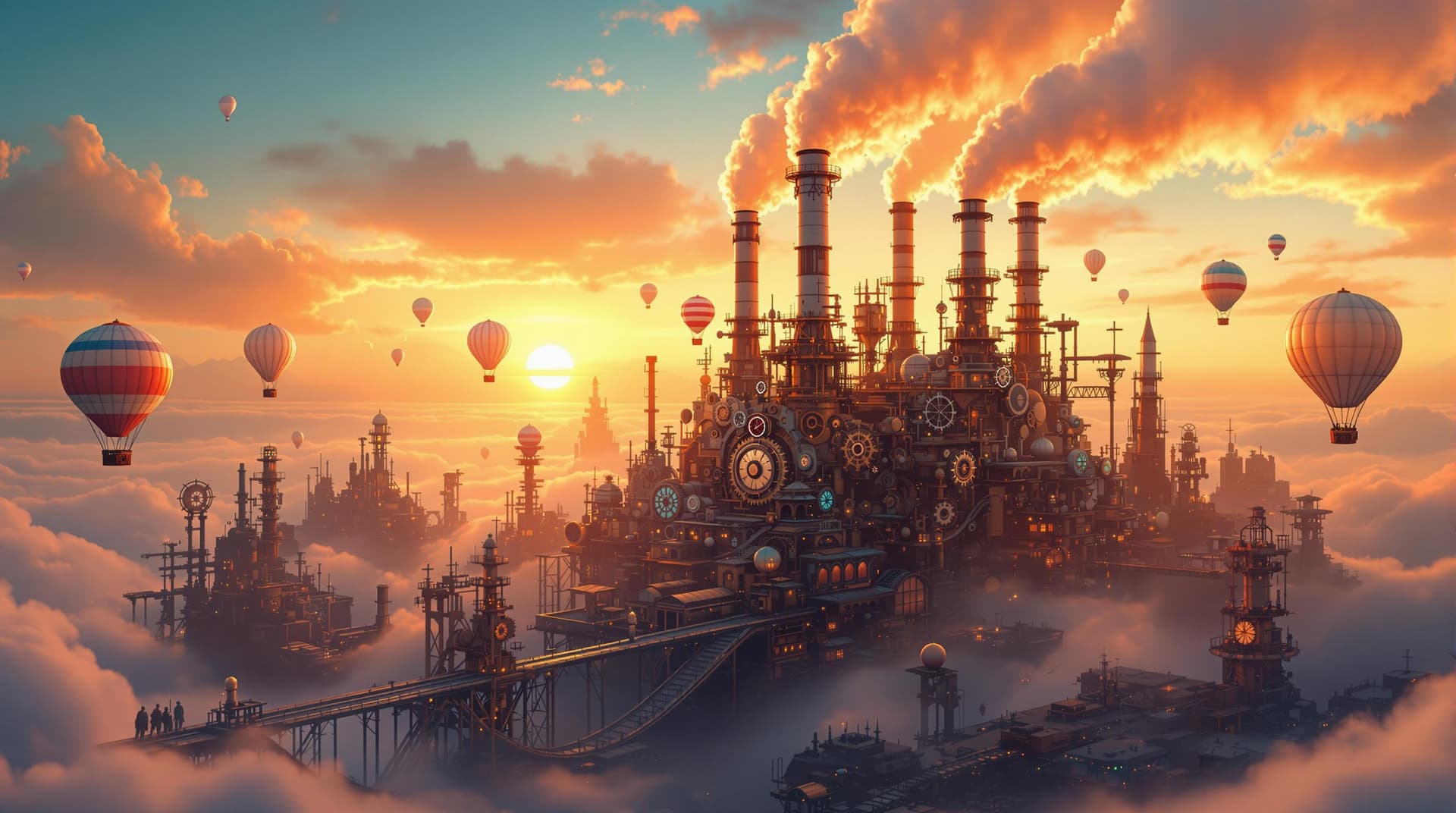 AI generated: A vibrant steampunk industrial landscape. At the center is a large factory with towering smokestacks...