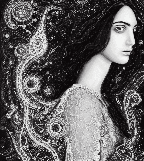 AI generated: Oil painting, high resolution 8k, Pollock master painter, Byzantine artwork, 
young lady close up bl...