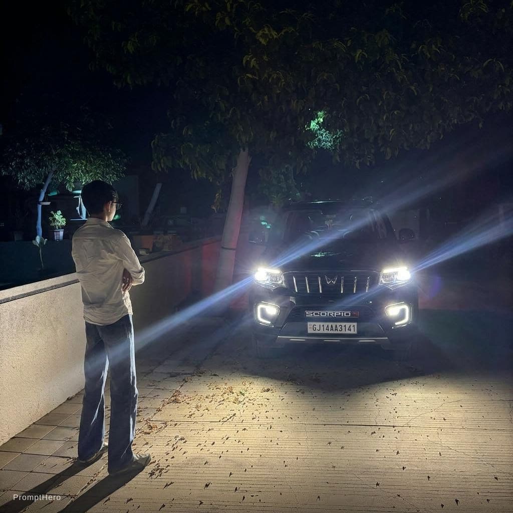 AI generated: Replace white car with black "scorpio N"