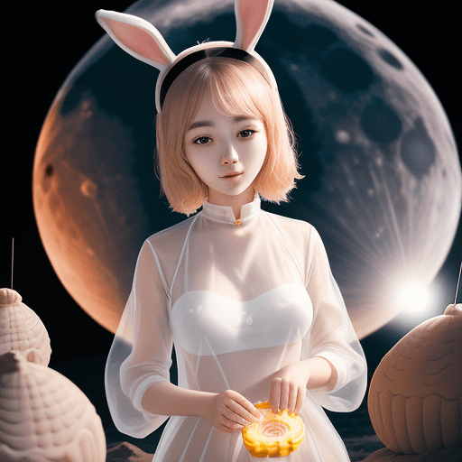 AI generated: 23 year old girl with rabbit ears on her head and transparent clothes making mooncakes on the moon