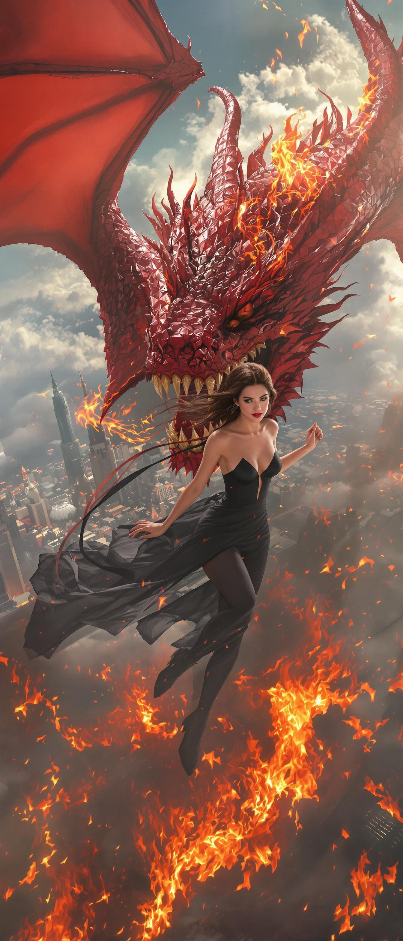 AI generated: Pretty lady wearing a hot slim black dress with dark brown hair . 
She is riding on the back of a hu...