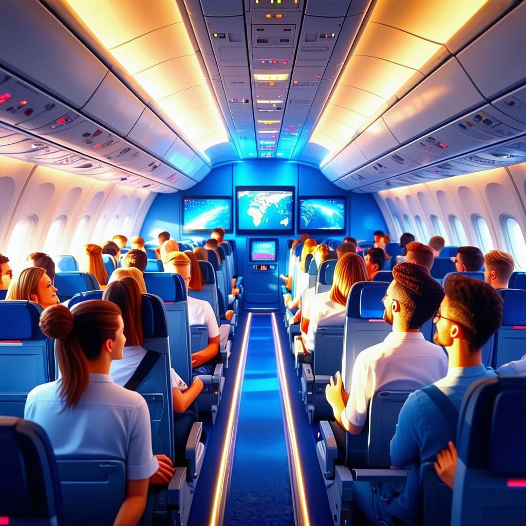 AI generated: Hyperrealistic aircraft cabin with happy passengers and crew, bright colors, transperant windows, bi...