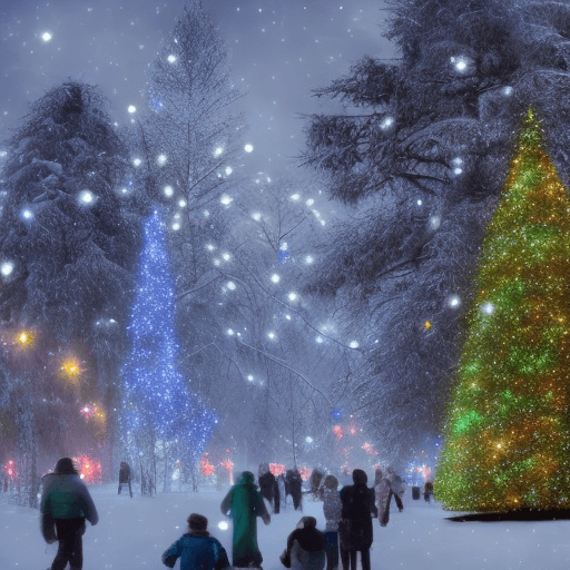 AI generated: realistic photo from a window on evening forest with hundreds Christmas trees, lights on all the tre...
