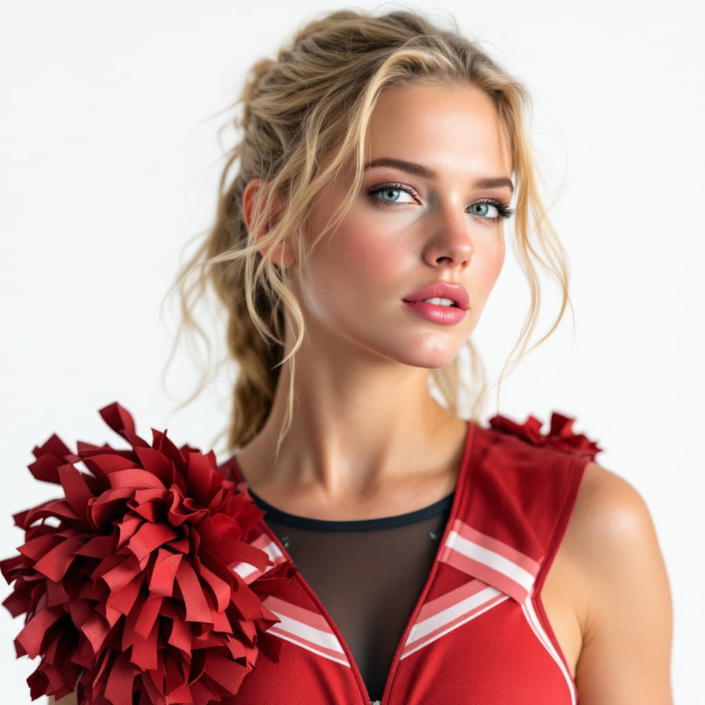 AI generated: full body of scarlett johansson as a cheerleader, young, (white background), hyperrealistic, 8k