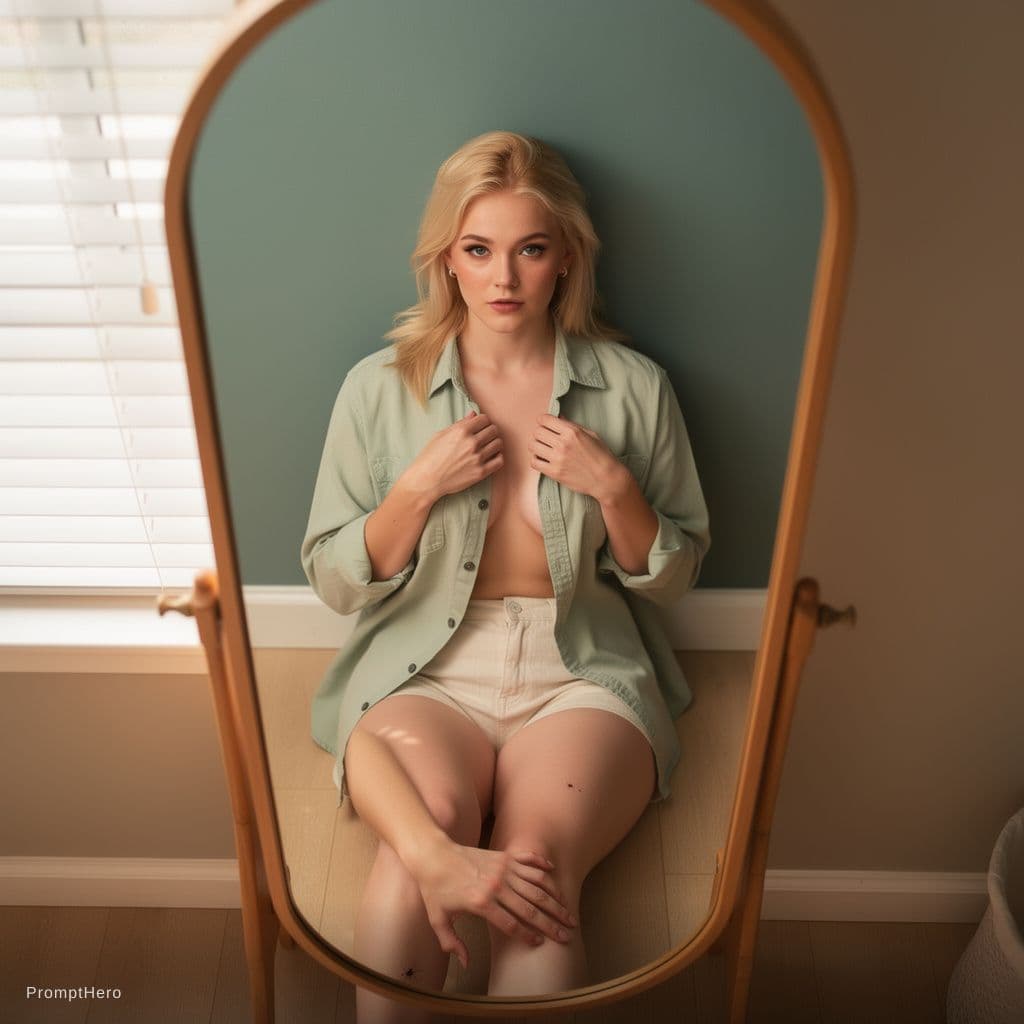 AI generated: documentary revealing birds eye view of a 20 years old blonde woman, looking down, sitting manly lik...