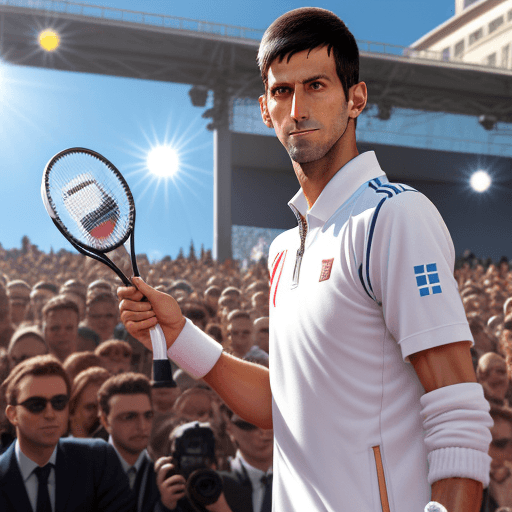 AI generated:  Novak Djokovic en manteau de fourrure / un micro a la main, sous les sun light, sourie a une foule ...