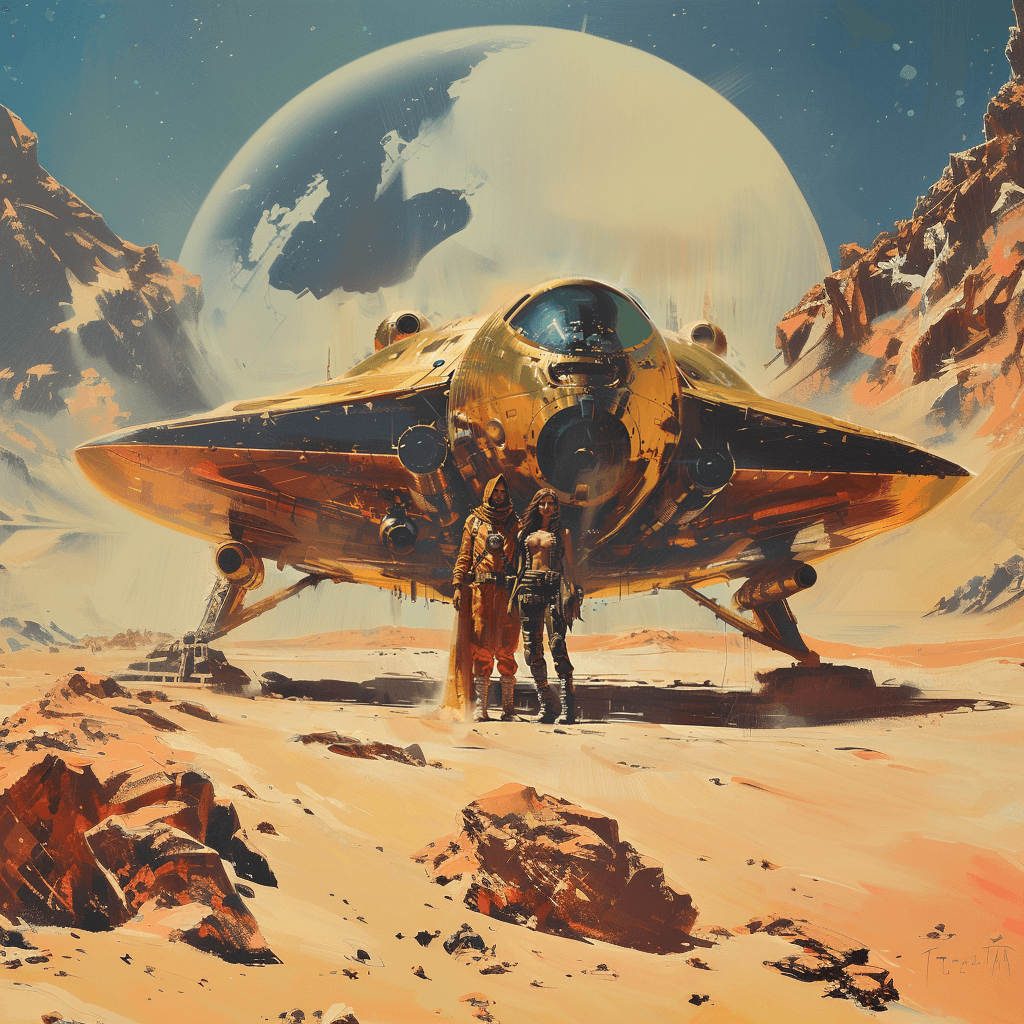 AI generated: 70s dark fantasy book illustration art in the style of Frazetta mecha spaceship with two people stan...