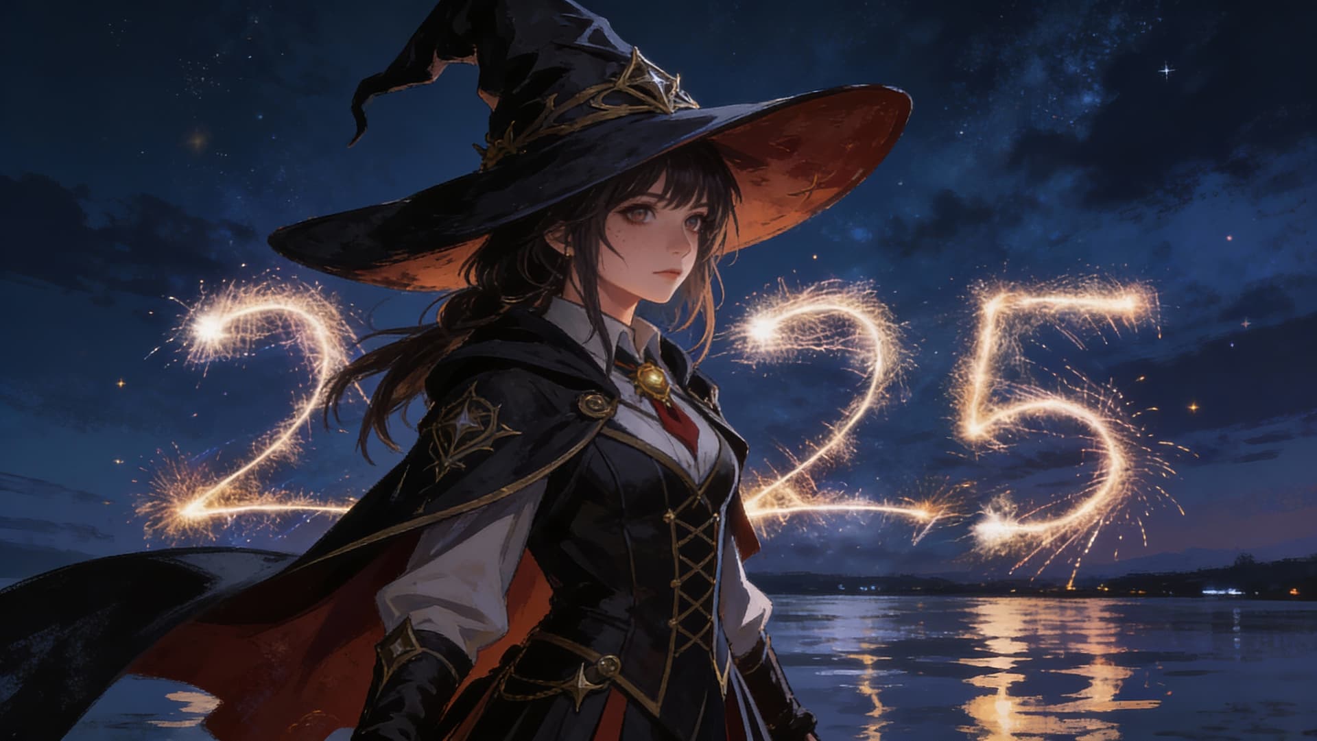 AI generated: rugged girl witch wearing a magic school uniform, large, wide-brimmed witch hat, cinematic, elaborat...