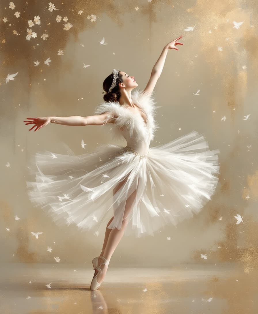 AI generated: Uma bailarina elegante inspirada em Anna Pavlova dançando 'O Lago dos Cisnes', com uma roupa branca ...