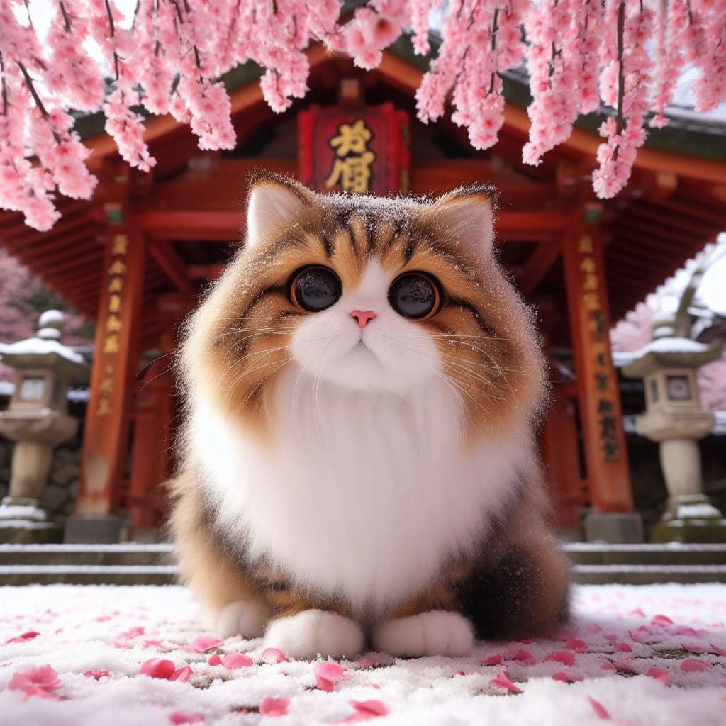 AI generated: A Japanese temple setting , Cherry tree petals falling on a furry cat with two large eyes and a big ...
