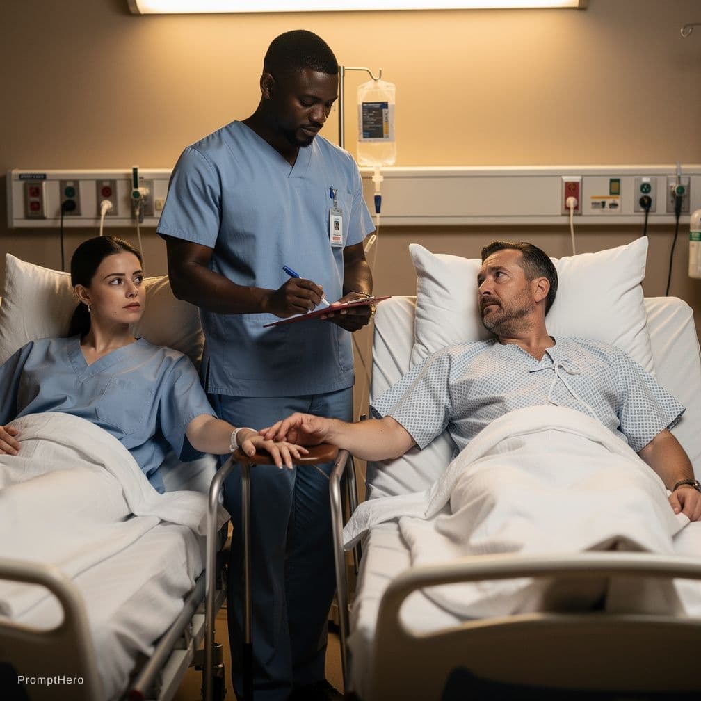 AI generated: mother and guy tied to a bed next to each other. black guy stands next to mother with penis out