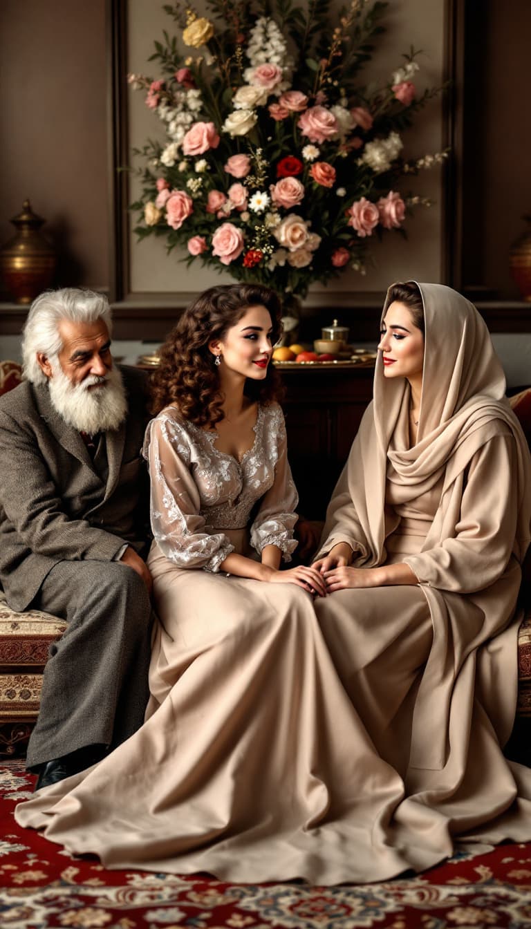 AI generated: The young couple sits inside a traditional Iranian home, surrounded by their two elderly fathers and...