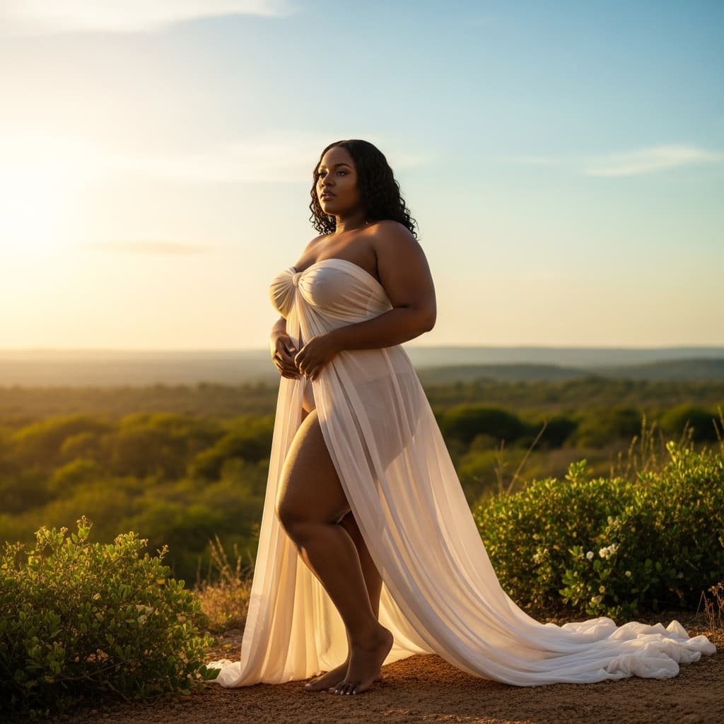 AI generated: A photorealistic portrait of a curvaceous African woman with a voluptuous figure, wearing a flowing,...